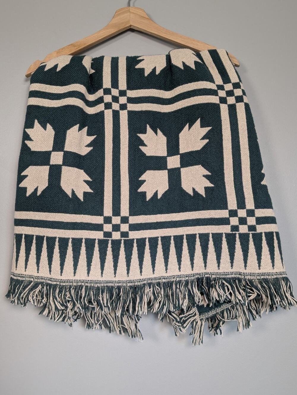Antique Style Woven Coverlet Throw Teal Green Cabin Americana Blanket